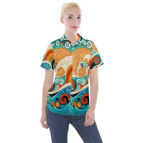 Waves Ocean Sea Abstract Whimsical Abstract Art Pattern Abstract Pattern Nature Water Seascape Women s Short Sleeve Pocket Shirt by Bedest