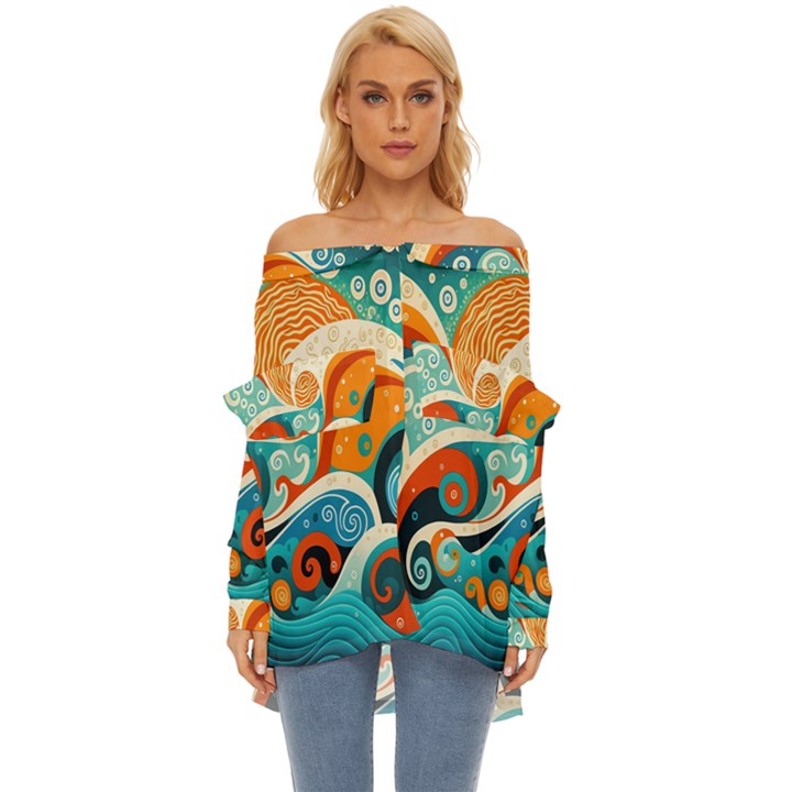 Waves Ocean Sea Abstract Whimsical Abstract Art Pattern Abstract Pattern Nature Water Seascape Off Shoulder Chiffon Pocket Shirt