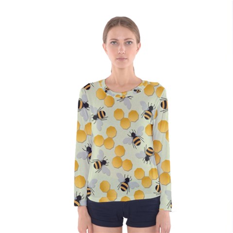 Bees Pattern Honey Bee Bug Honeycomb Honey Beehive Women s Long Sleeve T-shirt by Bedest