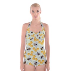 Bees Pattern Honey Bee Bug Honeycomb Honey Beehive Boyleg Halter Swimsuit 