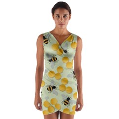 Bees Pattern Honey Bee Bug Honeycomb Honey Beehive Wrap Front Bodycon Dress by Bedest