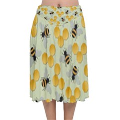 Bees Pattern Honey Bee Bug Honeycomb Honey Beehive Velvet Flared Midi Skirt