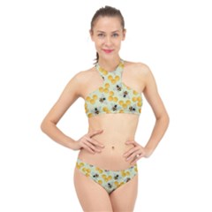 Bees Pattern Honey Bee Bug Honeycomb Honey Beehive High Neck Bikini Set by Bedest