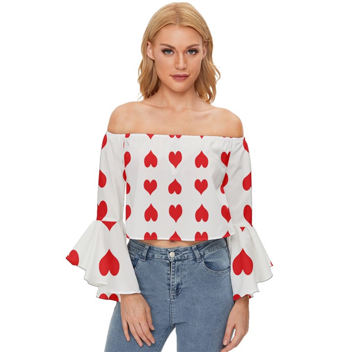 Heart Red Love Valentines Day Off Shoulder Flutter Bell Sleeve Top