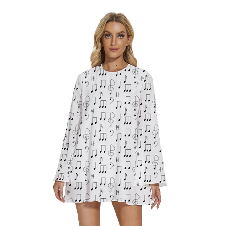 Music Notes Background Wallpaper Round Neck Long Sleeve Bohemian Style Chiffon Mini Dress