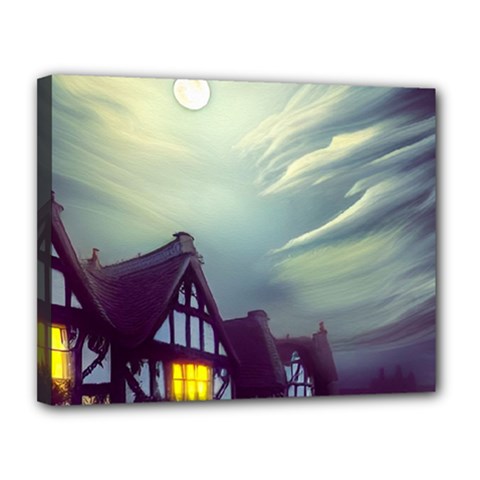 Village Moon Cloudy Historical Tudor Architecture Houses Town Night Windows City Canvas 14  X 11  (stretched) by Posterlux