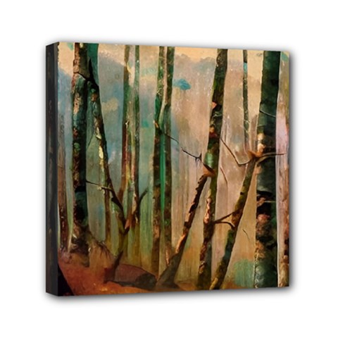 Woodland Woods Forest Trees Nature Outdoors Mist Moon Background Artwork Book Mini Canvas 6  X 6  (stretched) by Posterlux