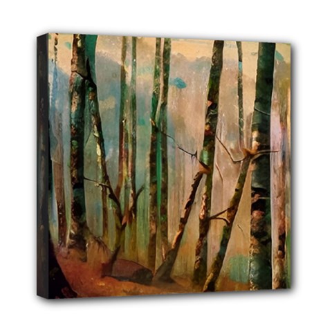 Woodland Woods Forest Trees Nature Outdoors Mist Moon Background Artwork Book Mini Canvas 8  X 8  (stretched) by Posterlux