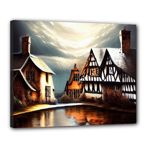 Village Reflections Snow Sky Dramatic Town House Cottages Pond Lake City Canvas 20  X 16  (stretched)