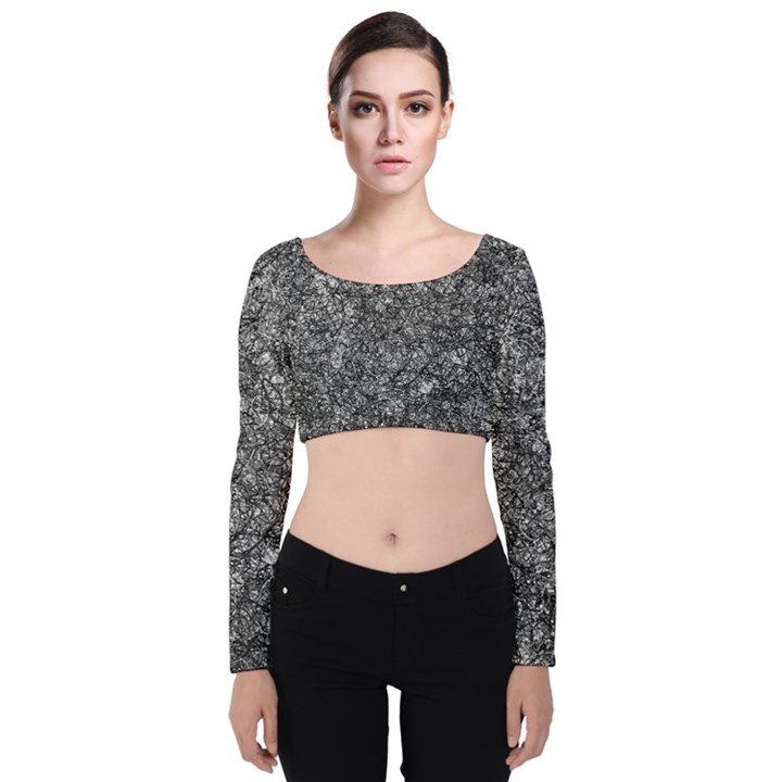 Black and white Abstract expressive print Velvet Long Sleeve Crop Top