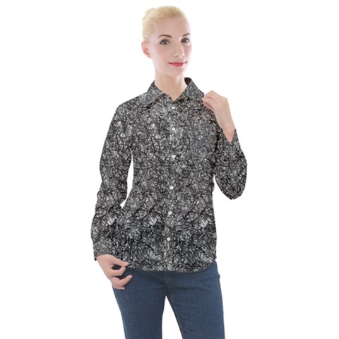 Black And White Abstract Expressive Print Women s Long Sleeve Pocket Shirt by dflcprintsclothing