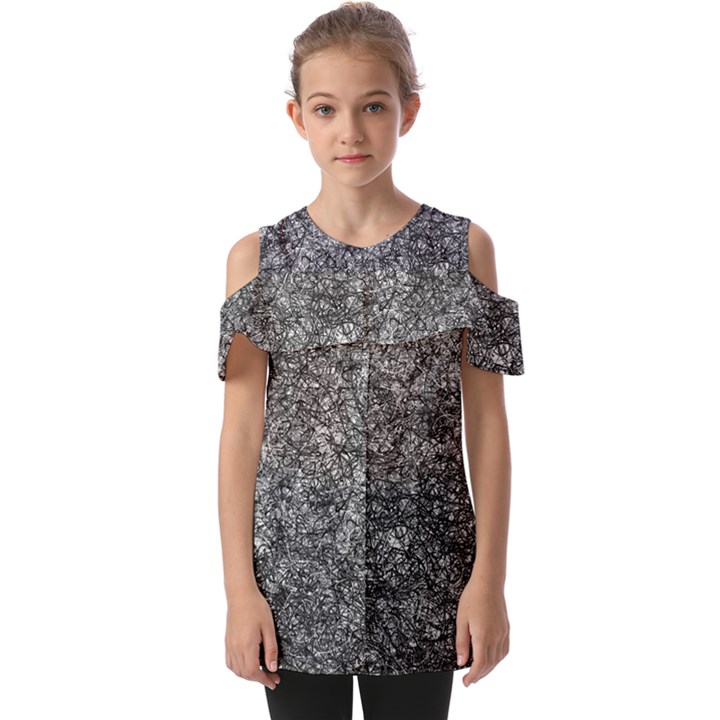 Black and white Abstract expressive print Fold Over Open Sleeve Top