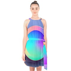 Circle Colorful Rainbow Spectrum Button Gradient Halter Collar Waist Tie Chiffon Dress by Maspions