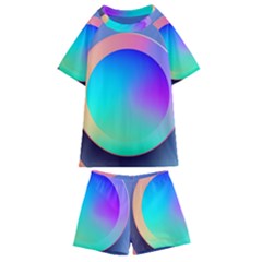 Circle Colorful Rainbow Spectrum Button Gradient Kids  Swim T-shirt And Shorts Set