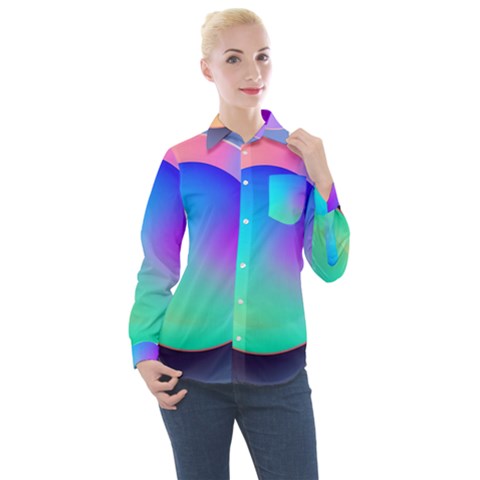 Circle Colorful Rainbow Spectrum Button Gradient Women s Long Sleeve Pocket Shirt by Maspions