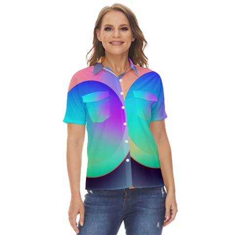 Circle Colorful Rainbow Spectrum Button Gradient Women s Short Sleeve Double Pocket Shirt by Maspions