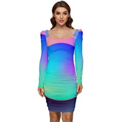 Circle Colorful Rainbow Spectrum Button Gradient Women Long Sleeve Ruched Stretch Jersey Dress by Maspions