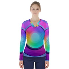 Circle Colorful Rainbow Spectrum Button Gradient Psychedelic Art V-neck Long Sleeve Top