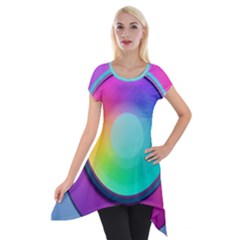 Circle Colorful Rainbow Spectrum Button Gradient Psychedelic Art Short Sleeve Side Drop Tunic