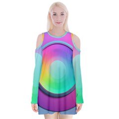 Circle Colorful Rainbow Spectrum Button Gradient Psychedelic Art Velvet Long Sleeve Shoulder Cutout Dress