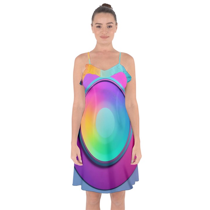 Circle Colorful Rainbow Spectrum Button Gradient Psychedelic Art Ruffle Detail Chiffon Dress