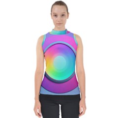 Circle Colorful Rainbow Spectrum Button Gradient Psychedelic Art Mock Neck Shell Top by Maspions