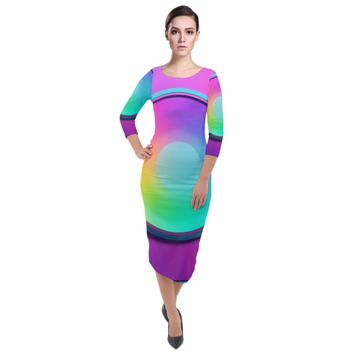 Circle Colorful Rainbow Spectrum Button Gradient Psychedelic Art Quarter Sleeve Midi Velour Bodycon Dress