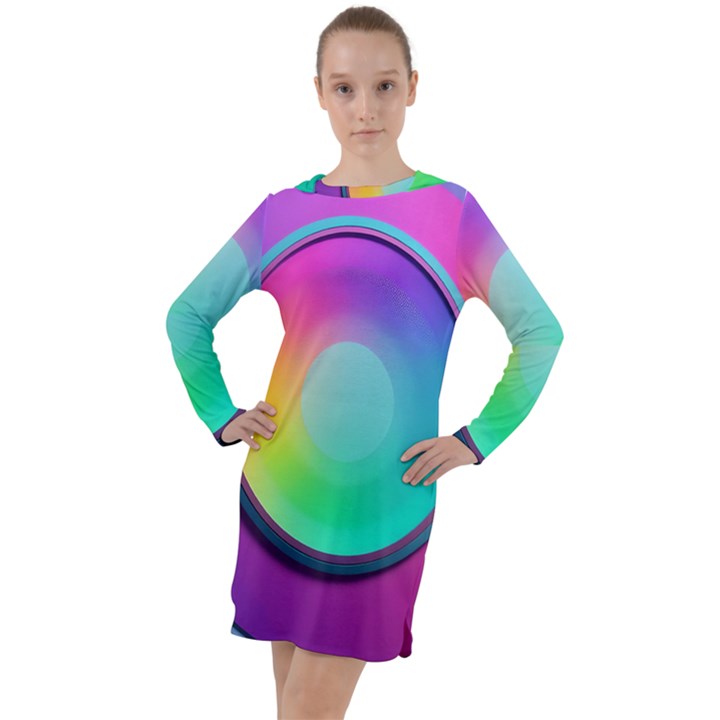 Circle Colorful Rainbow Spectrum Button Gradient Psychedelic Art Long Sleeve Hoodie Dress