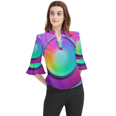 Circle Colorful Rainbow Spectrum Button Gradient Psychedelic Art Loose Horn Sleeve Chiffon Blouse by Maspions