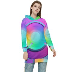 Circle Colorful Rainbow Spectrum Button Gradient Psychedelic Art Women s Long Oversized Pullover Hoodie