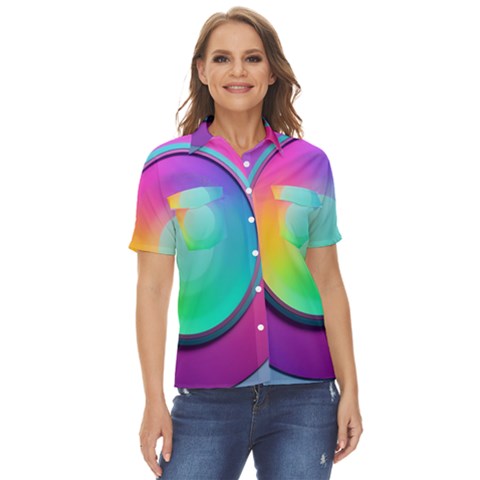 Circle Colorful Rainbow Spectrum Button Gradient Psychedelic Art Women s Short Sleeve Double Pocket Shirt by Maspions