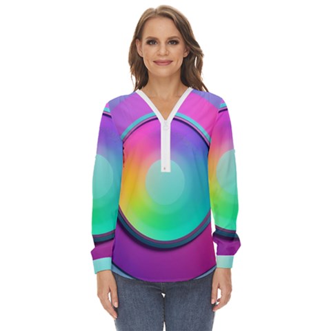 Circle Colorful Rainbow Spectrum Button Gradient Psychedelic Art Zip Up Long Sleeve Blouse by Maspions