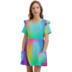 Circle Colorful Rainbow Spectrum Button Gradient Psychedelic Art Kids  Frilly Sleeves Pocket Dress