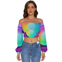 Circle Colorful Rainbow Spectrum Button Gradient Psychedelic Art Long Sleeve Crinkled Weave Crop Top