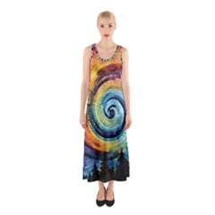 Cosmic Rainbow Quilt Artistic Swirl Spiral Forest Silhouette Fantasy Sleeveless Maxi Dress