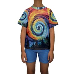 Cosmic Rainbow Quilt Artistic Swirl Spiral Forest Silhouette Fantasy Kids  Short Sleeve Swimwear