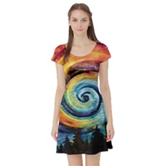 Cosmic Rainbow Quilt Artistic Swirl Spiral Forest Silhouette Fantasy Short Sleeve Skater Dress by Maspions