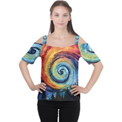 Cosmic Rainbow Quilt Artistic Swirl Spiral Forest Silhouette Fantasy Cutout Shoulder T-shirt