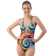 Cosmic Rainbow Quilt Artistic Swirl Spiral Forest Silhouette Fantasy Halter Cut-out One Piece Swimsuit