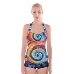 Cosmic Rainbow Quilt Artistic Swirl Spiral Forest Silhouette Fantasy Boyleg Halter Swimsuit 