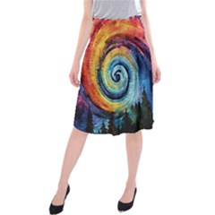 Cosmic Rainbow Quilt Artistic Swirl Spiral Forest Silhouette Fantasy Midi Beach Skirt