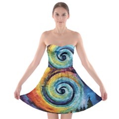 Cosmic Rainbow Quilt Artistic Swirl Spiral Forest Silhouette Fantasy Strapless Bra Top Dress