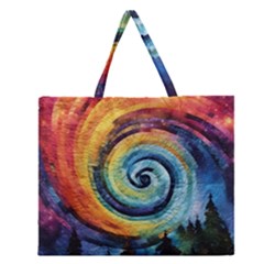 Cosmic Rainbow Quilt Artistic Swirl Spiral Forest Silhouette Fantasy Zipper Large Tote Bag by Maspions