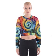 Cosmic Rainbow Quilt Artistic Swirl Spiral Forest Silhouette Fantasy Cropped Sweatshirt