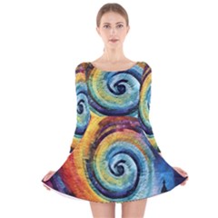 Cosmic Rainbow Quilt Artistic Swirl Spiral Forest Silhouette Fantasy Long Sleeve Velvet Skater Dress