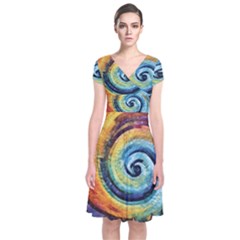 Cosmic Rainbow Quilt Artistic Swirl Spiral Forest Silhouette Fantasy Short Sleeve Front Wrap Dress