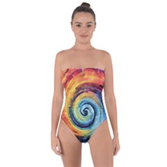 Cosmic Rainbow Quilt Artistic Swirl Spiral Forest Silhouette Fantasy Tie Back One Piece Swimsuit by Maspions