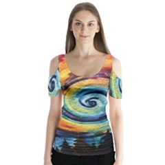 Cosmic Rainbow Quilt Artistic Swirl Spiral Forest Silhouette Fantasy Butterfly Sleeve Cutout T-shirt 