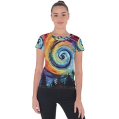 Cosmic Rainbow Quilt Artistic Swirl Spiral Forest Silhouette Fantasy Short Sleeve Sports Top 