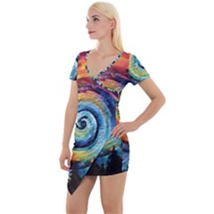 Cosmic Rainbow Quilt Artistic Swirl Spiral Forest Silhouette Fantasy Short Sleeve Asymmetric Mini Dress